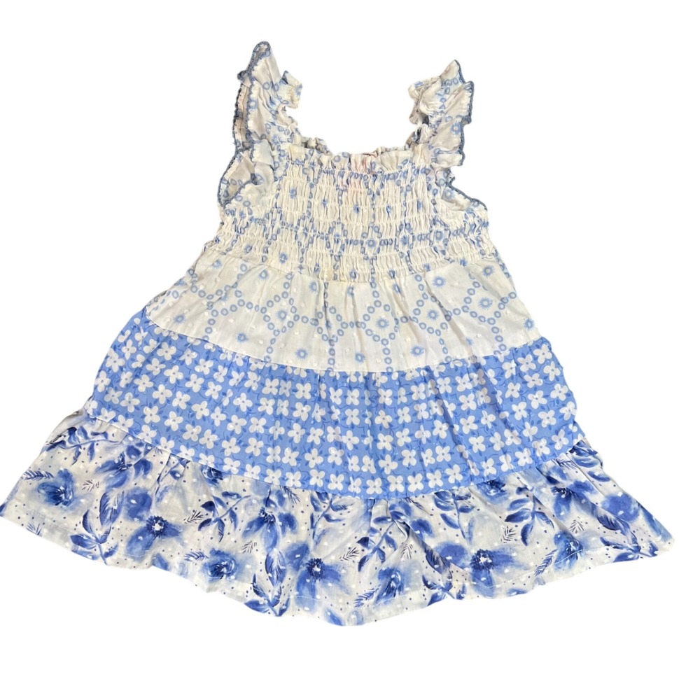Penelope Mack Blue White Floral Tiered Smocked Cotton Dress Baby Girl 12M 221289